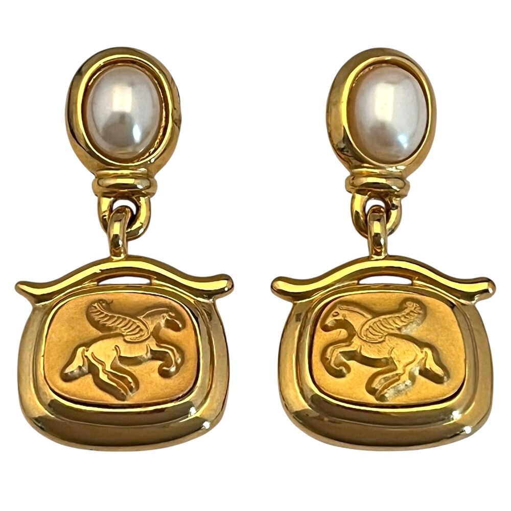 Vintage 1980s Pegasus Drop Earrings Pearl Matte Gold Tone Figural - 9M